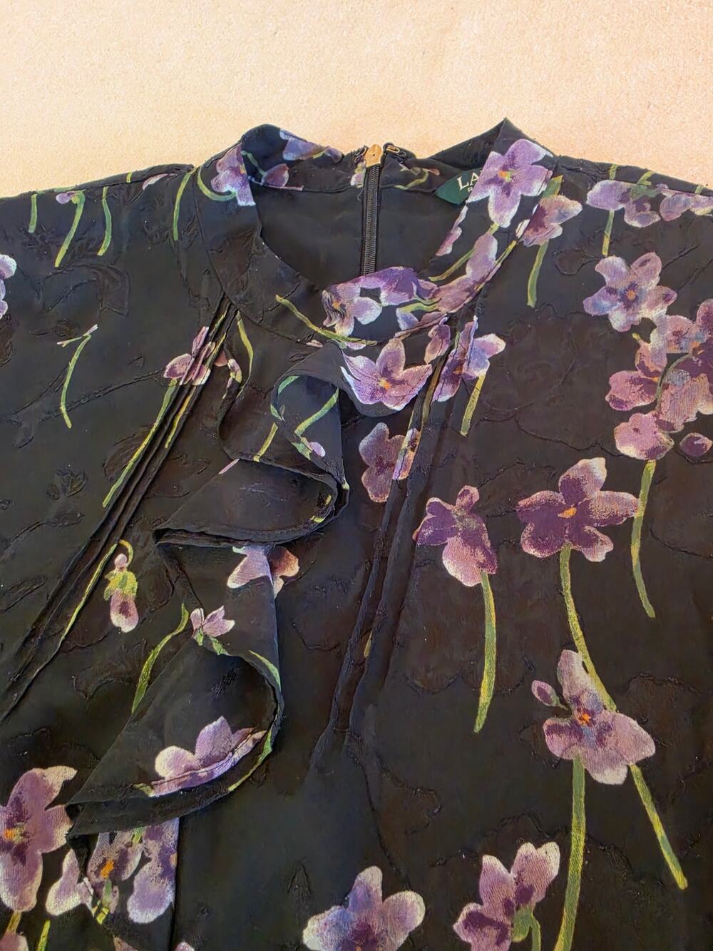 Lauren Ralph Lauren Black Floral Sheer Ruffle-Front Blouse Sz 16